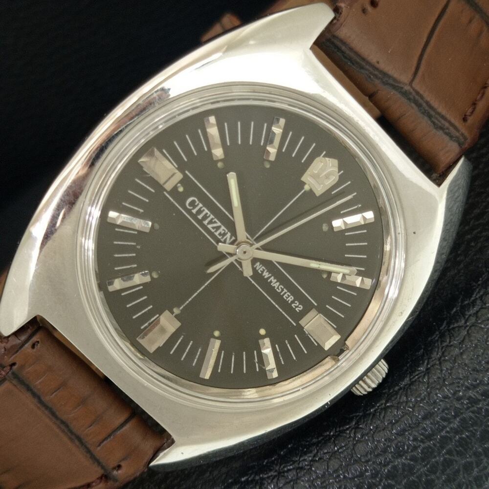 Vintage 1973 Citizen Manual Wound Mens Silver Watch & Black accents